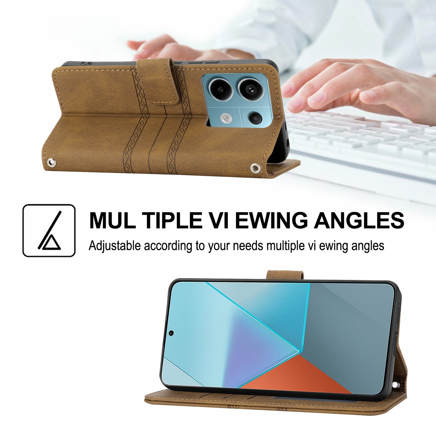 For Xiaomi Redmi Note 13 Pro 5G / Poco X6 5G Cover Soft PU Leather Imprinted Pattern Phone Case with Hand Strap - Brown