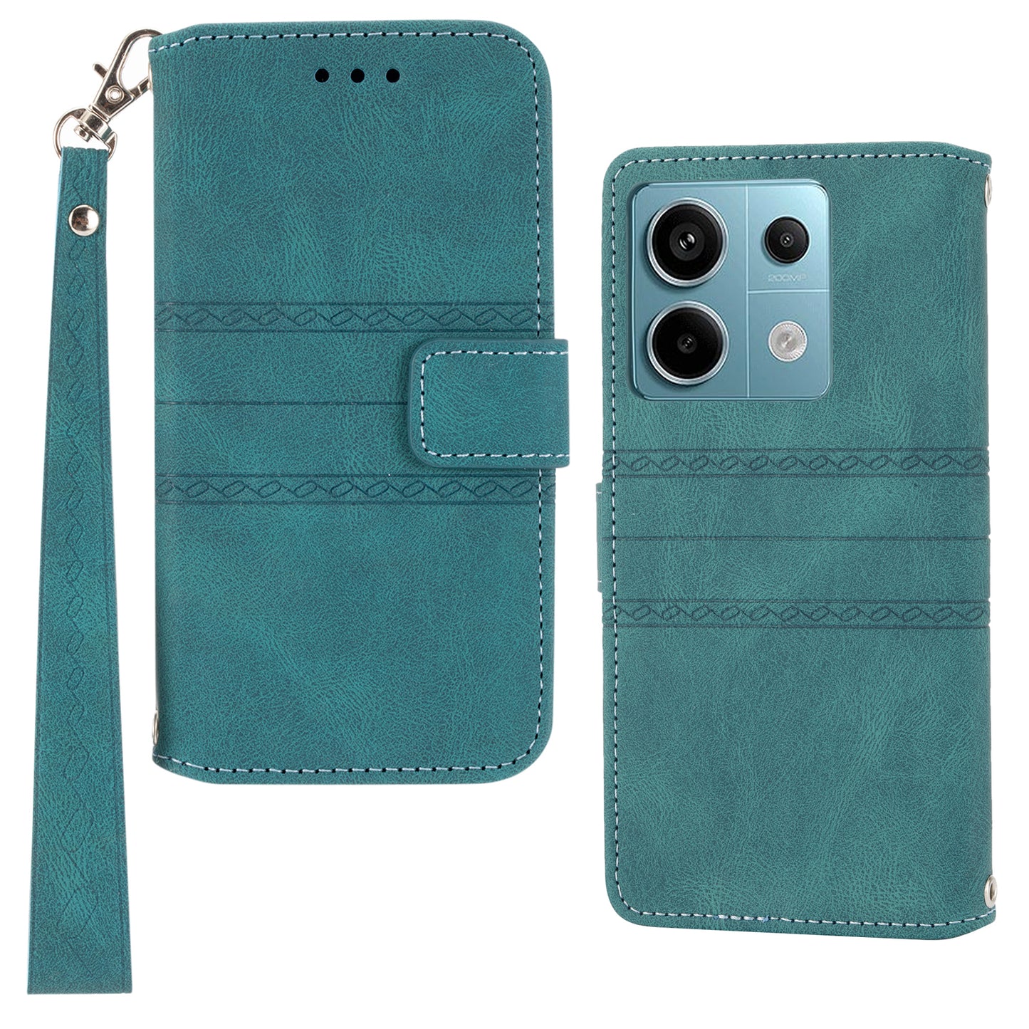 For Xiaomi Redmi Note 13 Pro 5G / Poco X6 5G Cover Soft PU Leather Imprinted Pattern Phone Case with Hand Strap - Blackish Green