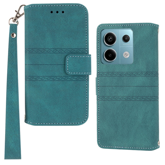 For Xiaomi Redmi Note 13 Pro 5G / Poco X6 5G Cover Soft PU Leather Imprinted Pattern Phone Case with Hand Strap - Blackish Green