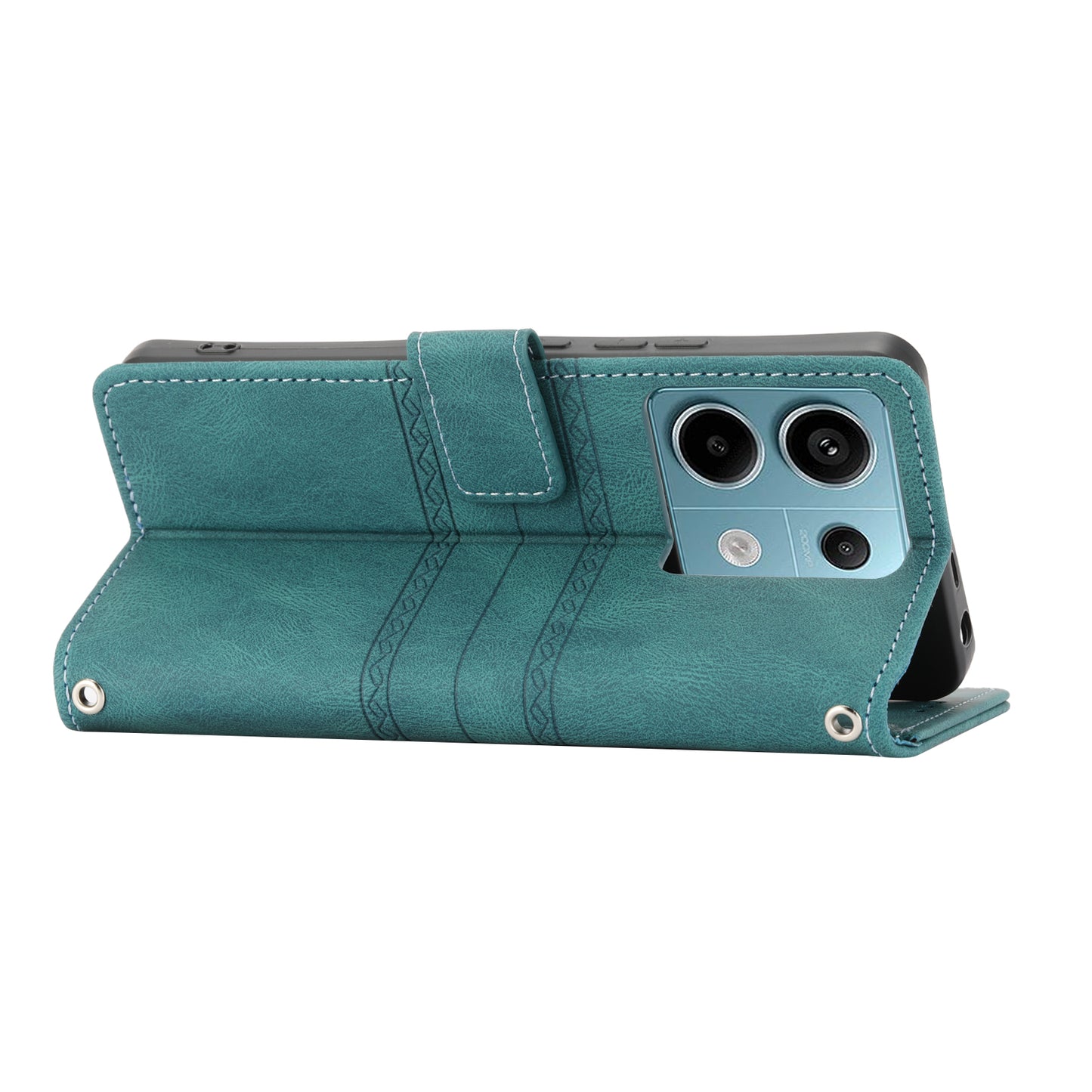 For Xiaomi Redmi Note 13 Pro 5G / Poco X6 5G Cover Soft PU Leather Imprinted Pattern Phone Case with Hand Strap - Blackish Green