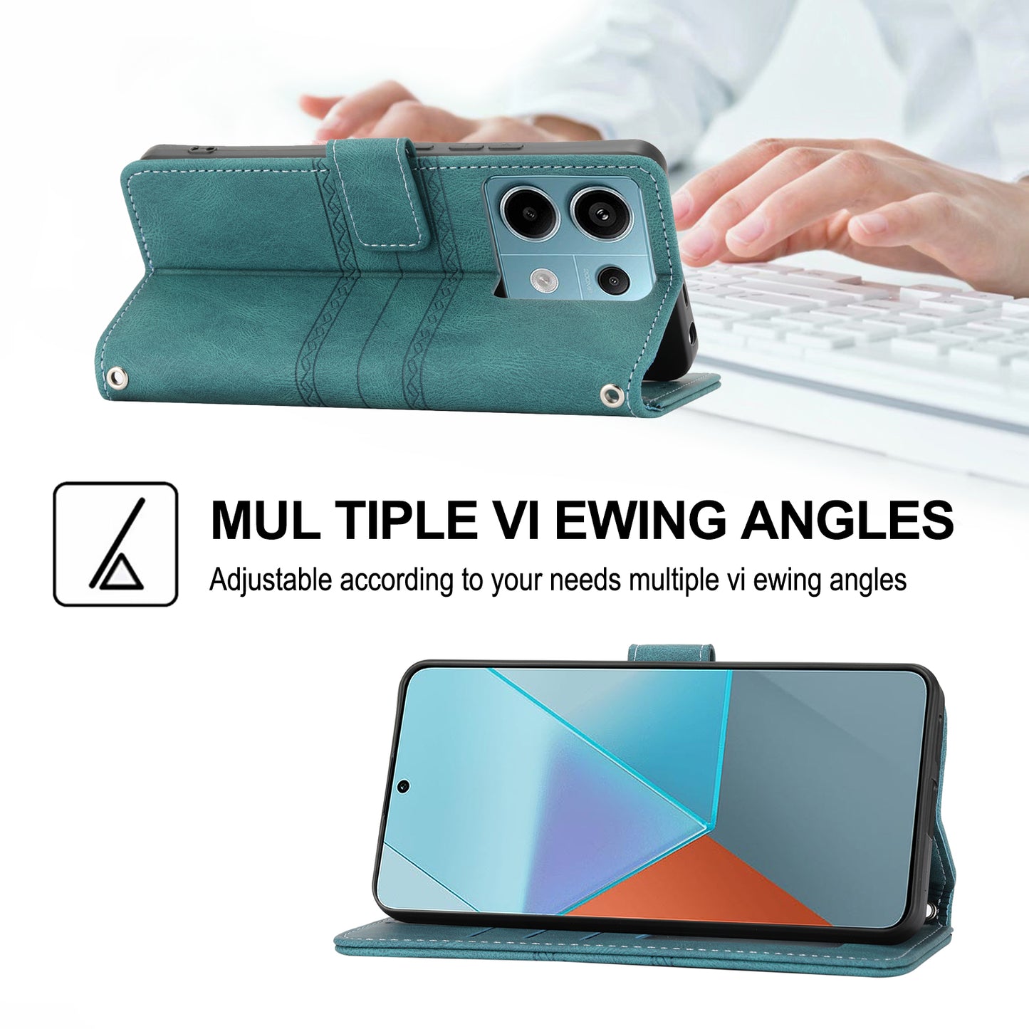 For Xiaomi Redmi Note 13 Pro 5G / Poco X6 5G Cover Soft PU Leather Imprinted Pattern Phone Case with Hand Strap - Blackish Green