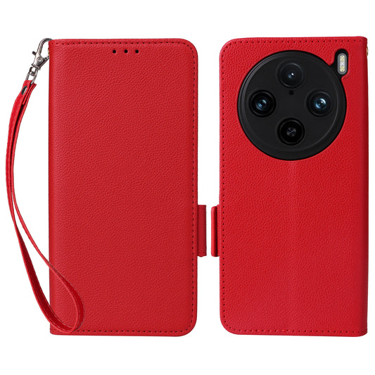 For vivo X100 Pro 5G  Case Card Slots Shockproof Phone Cover with Litchi Texture - Red