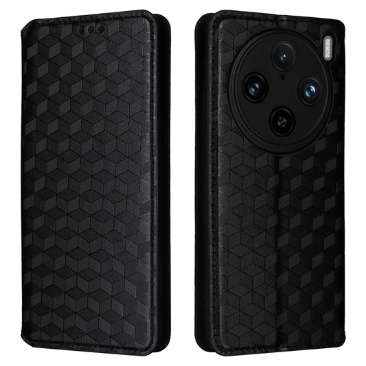 For vivo X100 Pro 5G Case Magnetic Closure Wallet Phone Protector Rhombus Pattern - Black