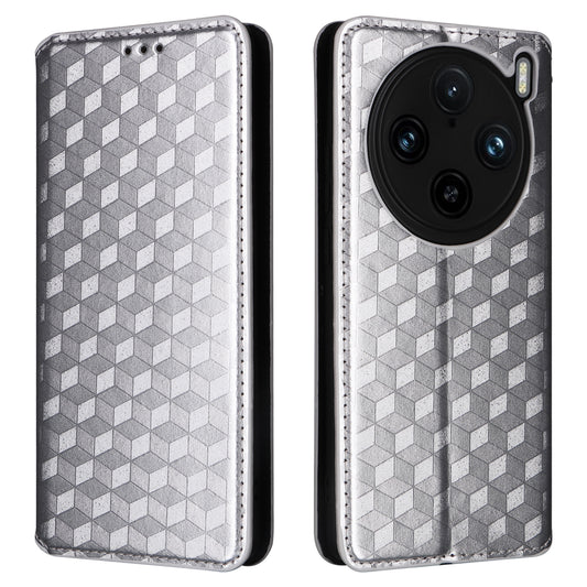For vivo X100 Pro 5G Case Magnetic Closure Wallet Phone Protector Rhombus Pattern - Silver