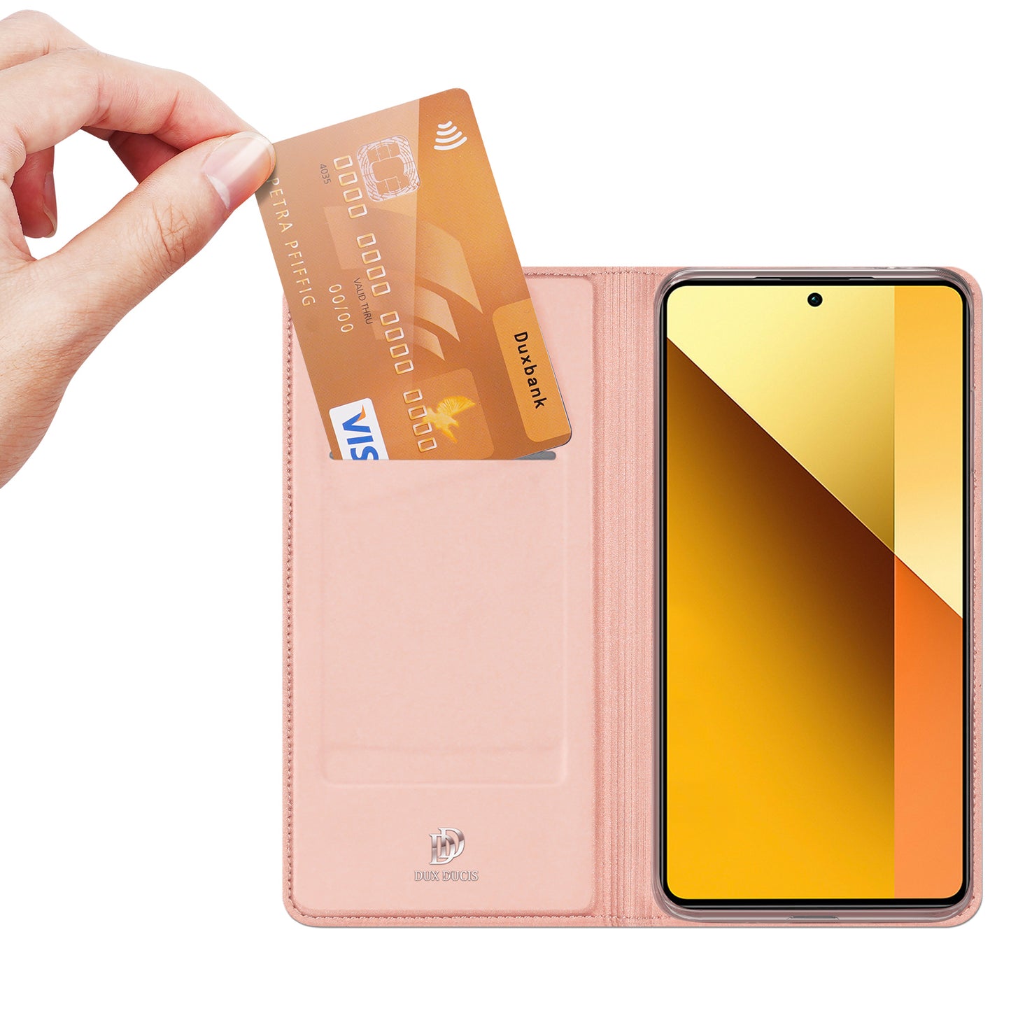DUX DUCIS Skin Pro Series For Xiaomi Redmi Note 13 5G Cell Phone Case Card Slots PU Leather Cover - Pink