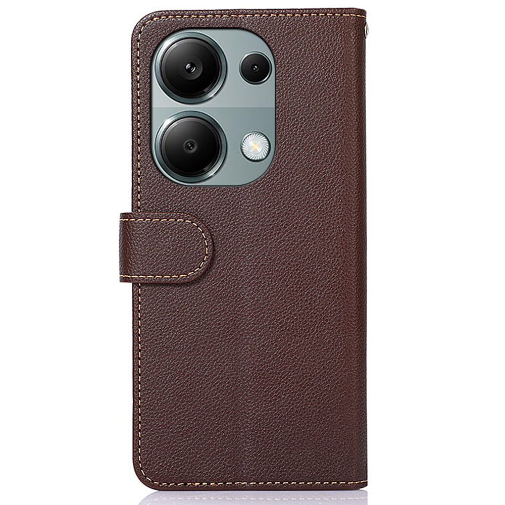 KHAZNEH For Xiaomi Redmi Note 13 Pro 4G / Poco M6 Pro 4G Case RFID Blocking Stand Cover with Litchi Texture - Brown