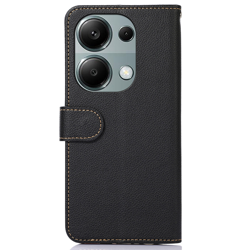 KHAZNEH For Xiaomi Redmi Note 13 Pro 4G / Poco M6 Pro 4G Case RFID Blocking Stand Cover with Litchi Texture - Black