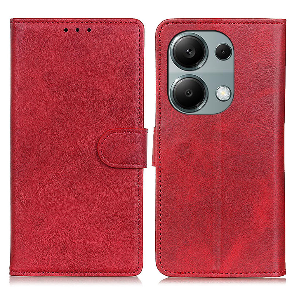 For Xiaomi Redmi Note 13 Pro 4G / Poco M6 Pro 4G Leather Case Cowhide Texture Phone Wallet Cover - Red