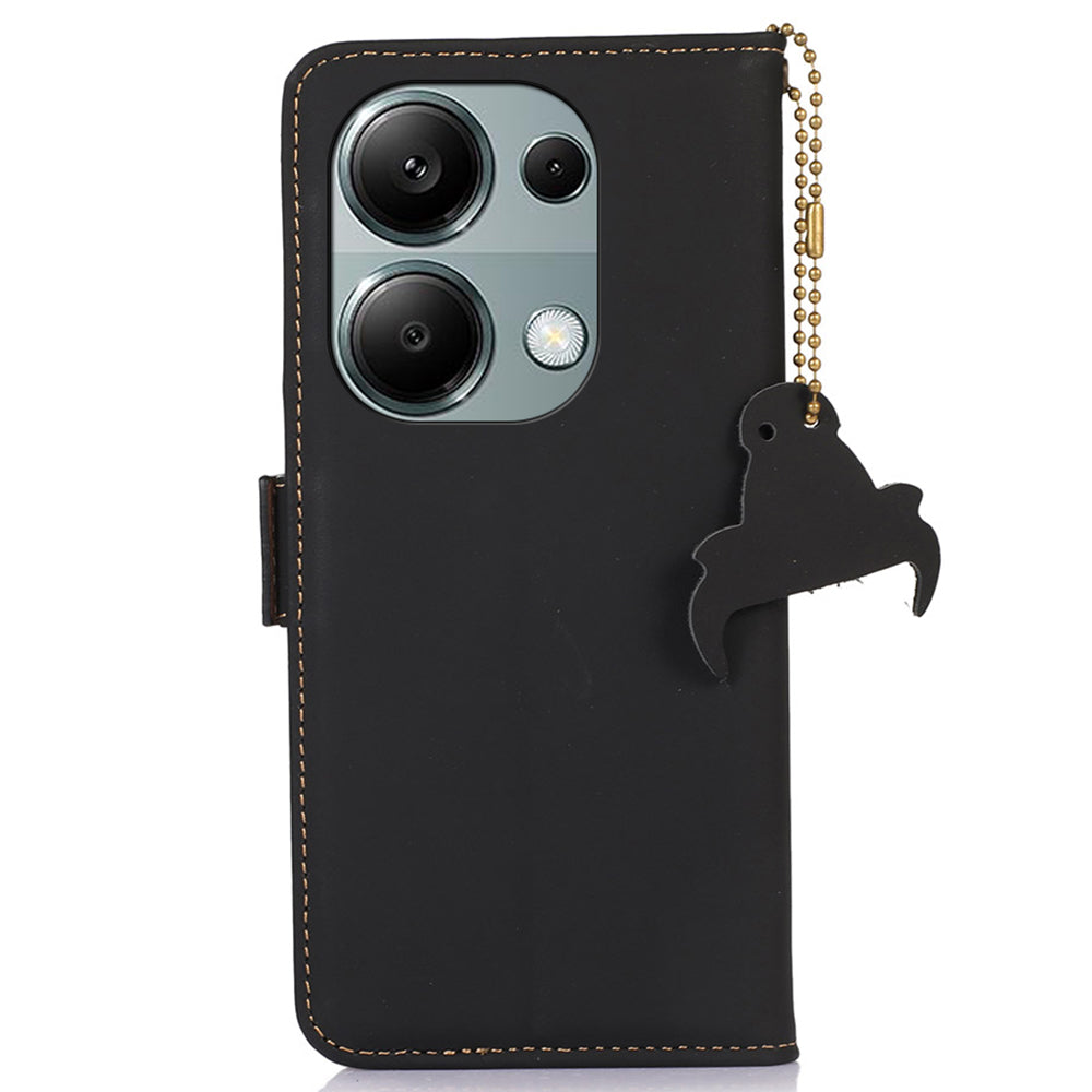 For Xiaomi Redmi Note 13 Pro 4G / Poco M6 Pro 4G Case Wallet Genuine Cow Leather Phone Cover - Black