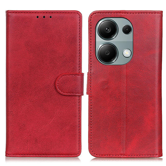 Wallet Case for Xiaomi Redmi Note 13 4G Shell Leather Cowhide Texture Phone Cover - Red