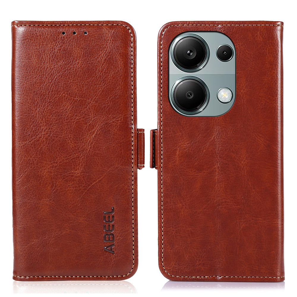 ABEEL For Xiaomi Redmi Note 13 4G Case Side Magnetic Clasps Wallet Phone Cover - Brown