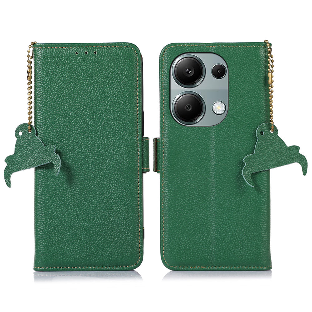 For Xiaomi Redmi Note 13 4G Wallet Case Genuine Cow Leather Phone Cover RFID Blocking - Green
