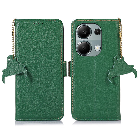 For Xiaomi Redmi Note 13 4G Wallet Case Genuine Cow Leather Phone Cover RFID Blocking - Green