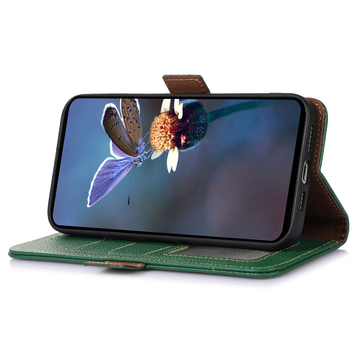 For Xiaomi Redmi Note 13 4G Wallet Case Genuine Cow Leather Phone Cover RFID Blocking - Green