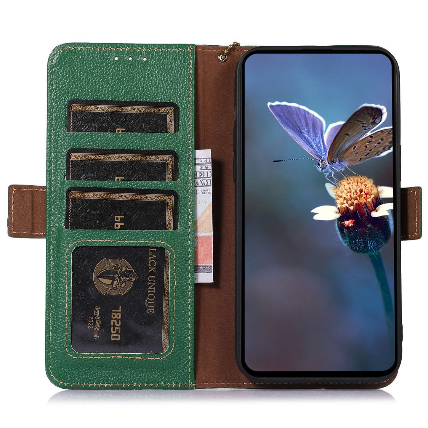 For Xiaomi Redmi Note 13 4G Wallet Case Genuine Cow Leather Phone Cover RFID Blocking - Green