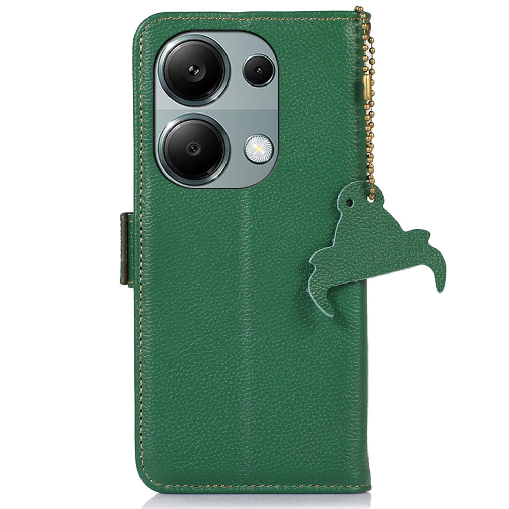 For Xiaomi Redmi Note 13 4G Wallet Case Genuine Cow Leather Phone Cover RFID Blocking - Green