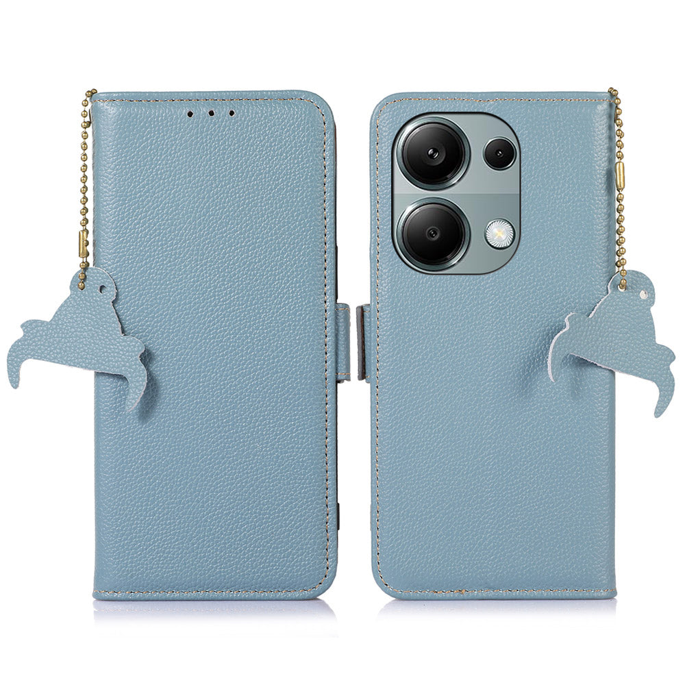 For Xiaomi Redmi Note 13 4G Wallet Case Genuine Cow Leather Phone Cover RFID Blocking - Blue