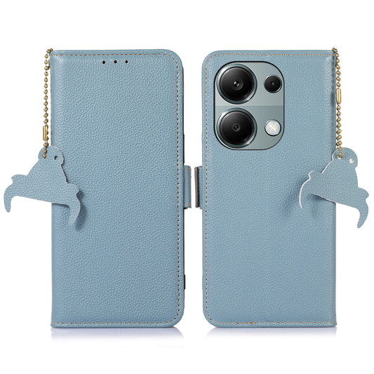 For Xiaomi Redmi Note 13 4G Wallet Case Genuine Cow Leather Phone Cover RFID Blocking - Blue