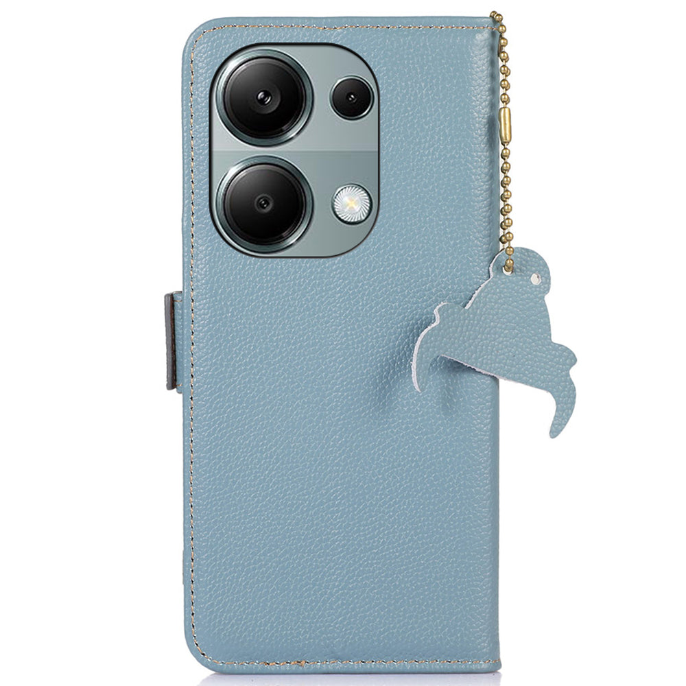For Xiaomi Redmi Note 13 4G Wallet Case Genuine Cow Leather Phone Cover RFID Blocking - Blue
