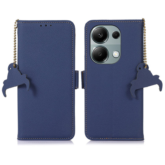 For Xiaomi Redmi Note 13 4G Wallet Case Genuine Cow Leather Phone Cover RFID Blocking - Sapphire