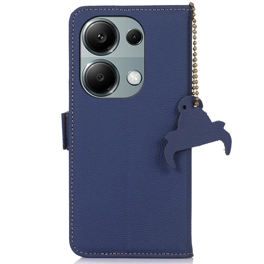 For Xiaomi Redmi Note 13 4G Wallet Case Genuine Cow Leather Phone Cover RFID Blocking - Sapphire