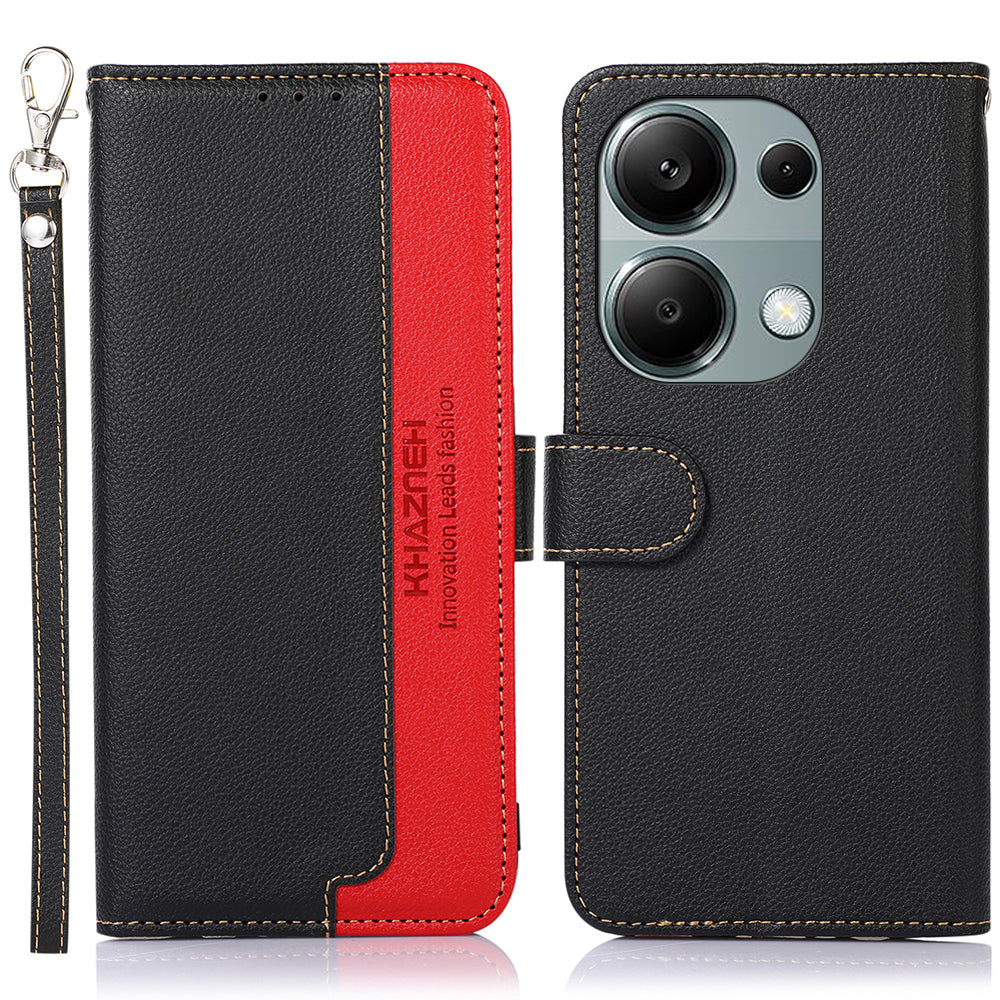 KHAZNEH For Xiaomi Redmi Note 13 4G Phone Case with RFID Blocking Litchi Texture PU Leather Cover - Black