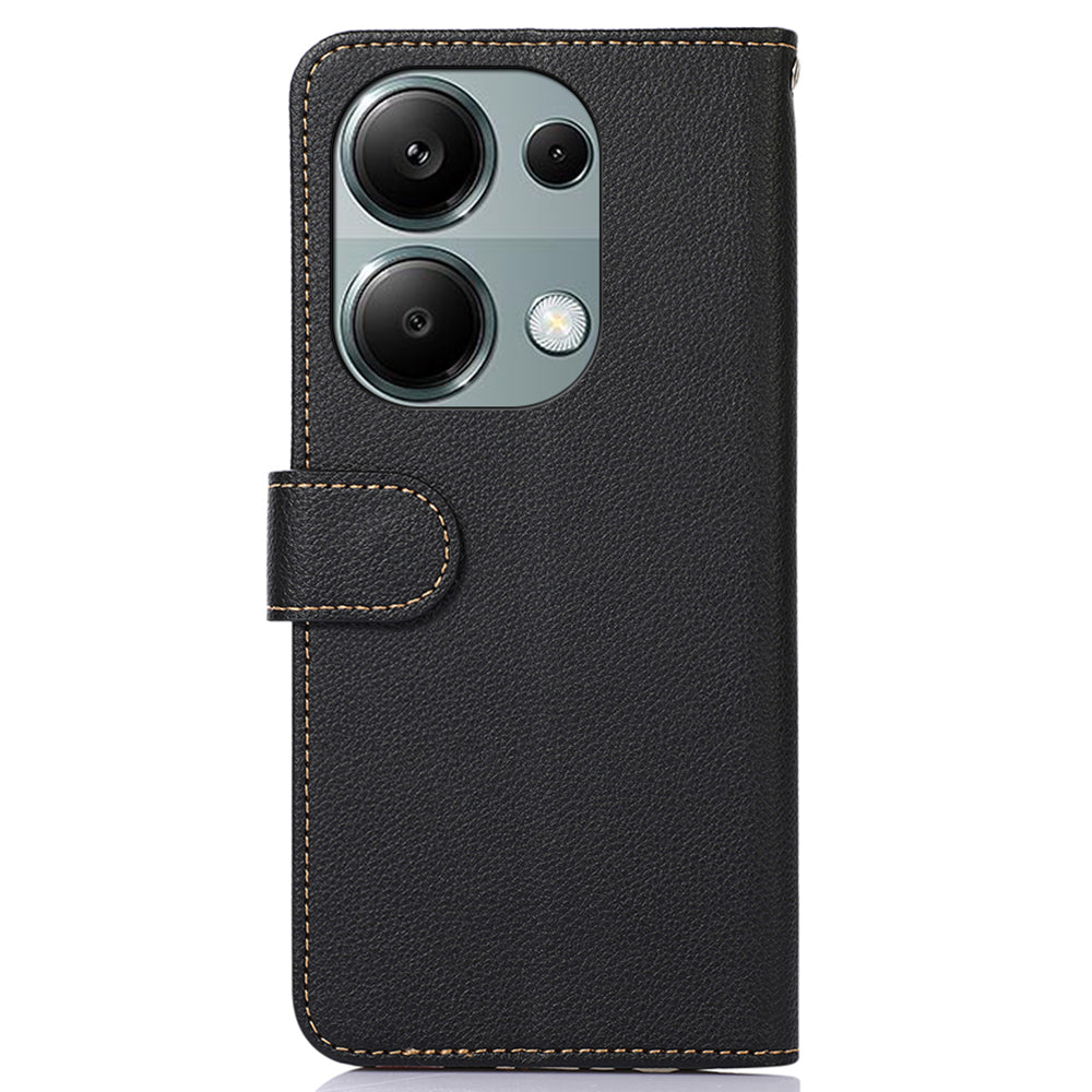 KHAZNEH For Xiaomi Redmi Note 13 4G Phone Case with RFID Blocking Litchi Texture PU Leather Cover - Black