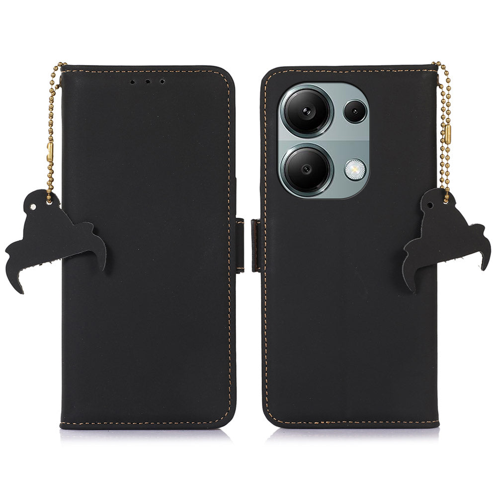 For Xiaomi Redmi Note 13 4G RFID Blocking Cover Genuine Cow Leather Magnetic Protect Phone Case - Black
