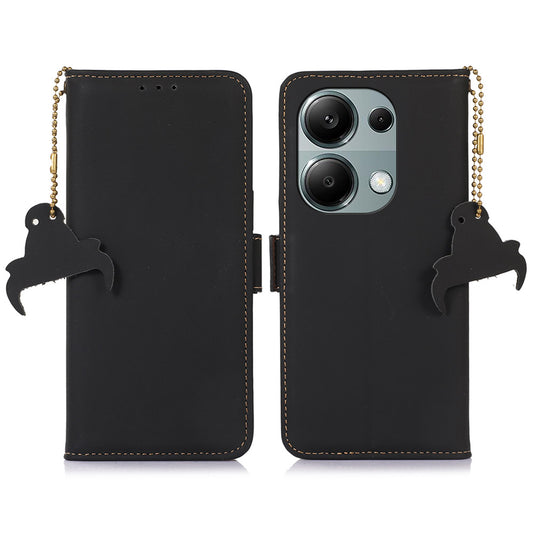 For Xiaomi Redmi Note 13 4G RFID Blocking Cover Genuine Cow Leather Magnetic Protect Phone Case - Black