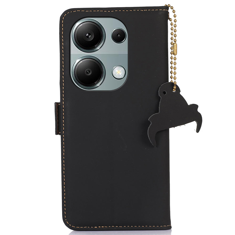 For Xiaomi Redmi Note 13 4G RFID Blocking Cover Genuine Cow Leather Magnetic Protect Phone Case - Black