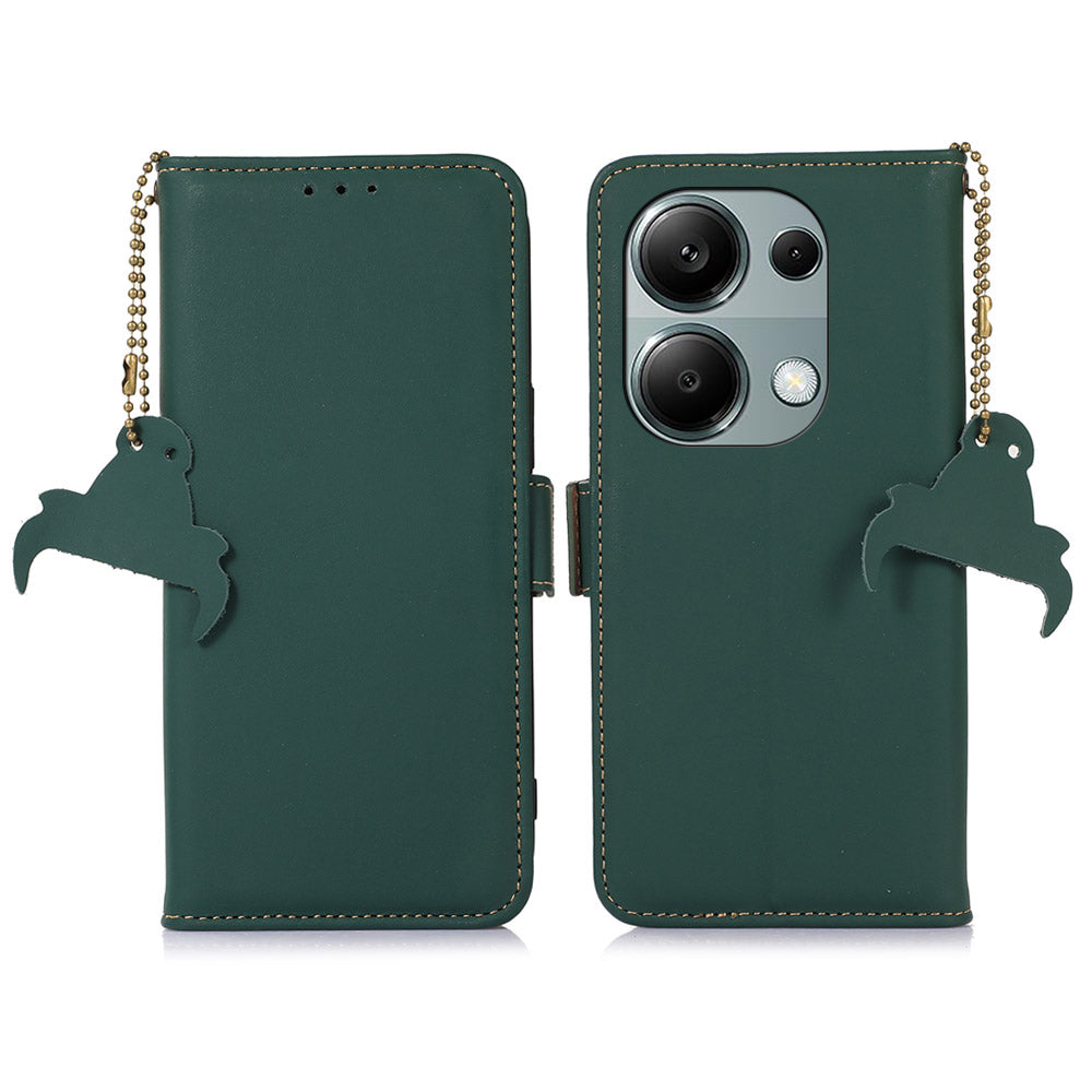 For Xiaomi Redmi Note 13 4G RFID Blocking Cover Genuine Cow Leather Magnetic Protect Phone Case - Green