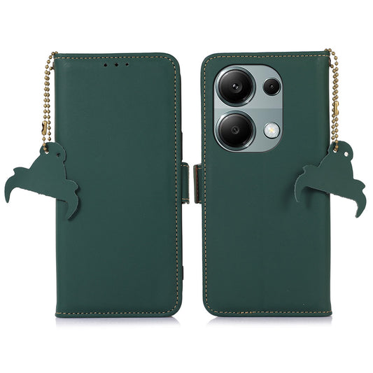 For Xiaomi Redmi Note 13 4G RFID Blocking Cover Genuine Cow Leather Magnetic Protect Phone Case - Green