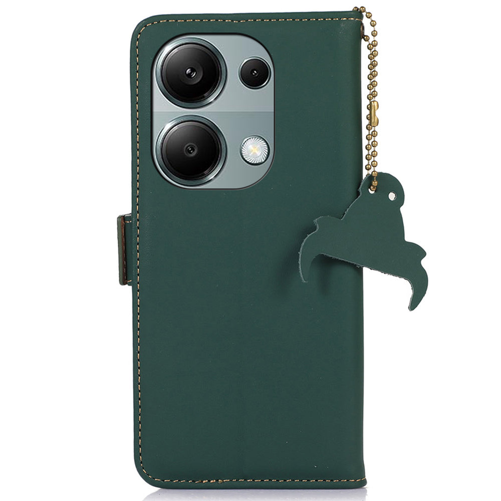 For Xiaomi Redmi Note 13 4G RFID Blocking Cover Genuine Cow Leather Magnetic Protect Phone Case - Green