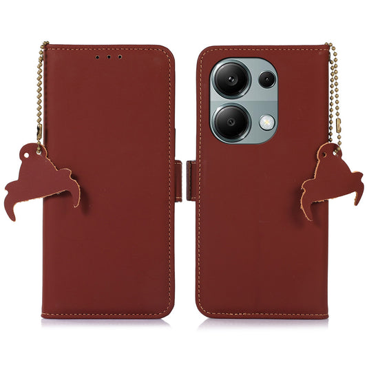 For Xiaomi Redmi Note 13 4G RFID Blocking Cover Genuine Cow Leather Magnetic Protect Phone Case - Brown