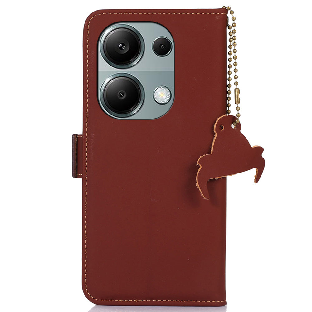 For Xiaomi Redmi Note 13 4G RFID Blocking Cover Genuine Cow Leather Magnetic Protect Phone Case - Brown
