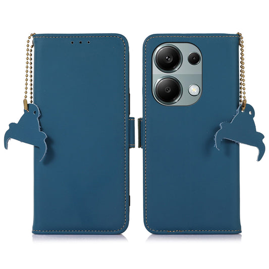 For Xiaomi Redmi Note 13 4G RFID Blocking Cover Genuine Cow Leather Magnetic Protect Phone Case - Blue