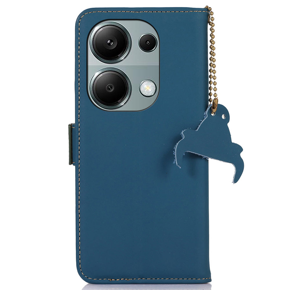 For Xiaomi Redmi Note 13 4G RFID Blocking Cover Genuine Cow Leather Magnetic Protect Phone Case - Blue