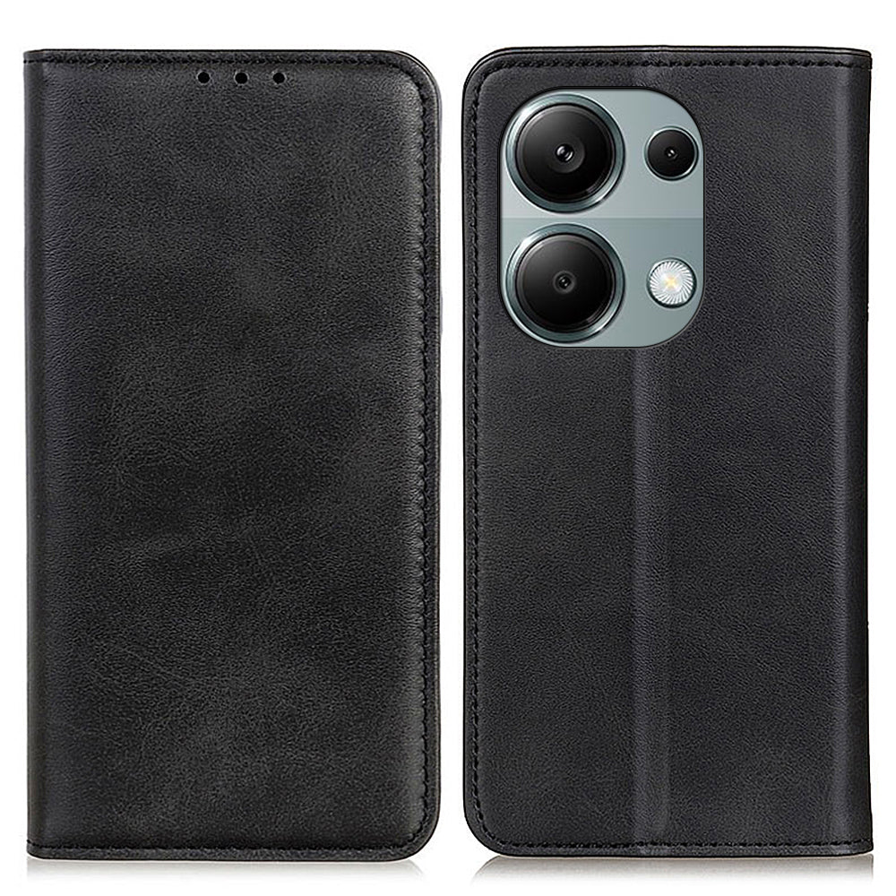 For Xiaomi Redmi Note 13 4G Split Leather Case Magnetic Closure Phone Cover Viewing Stand - Black