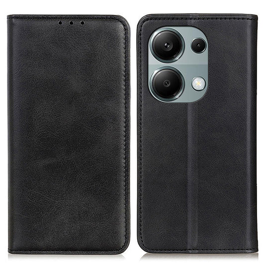 For Xiaomi Redmi Note 13 4G Split Leather Case Magnetic Closure Phone Cover Viewing Stand - Black