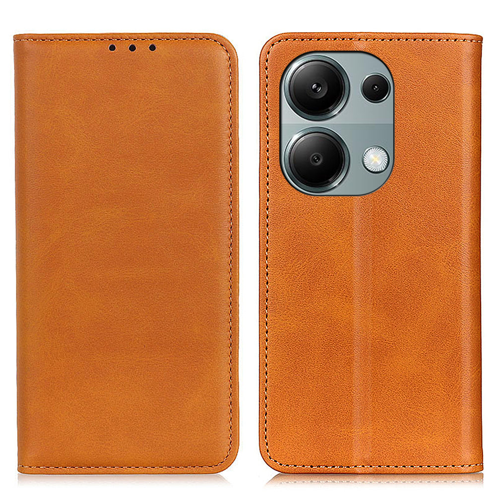 For Xiaomi Redmi Note 13 4G Split Leather Case Magnetic Closure Phone Cover Viewing Stand - Brown