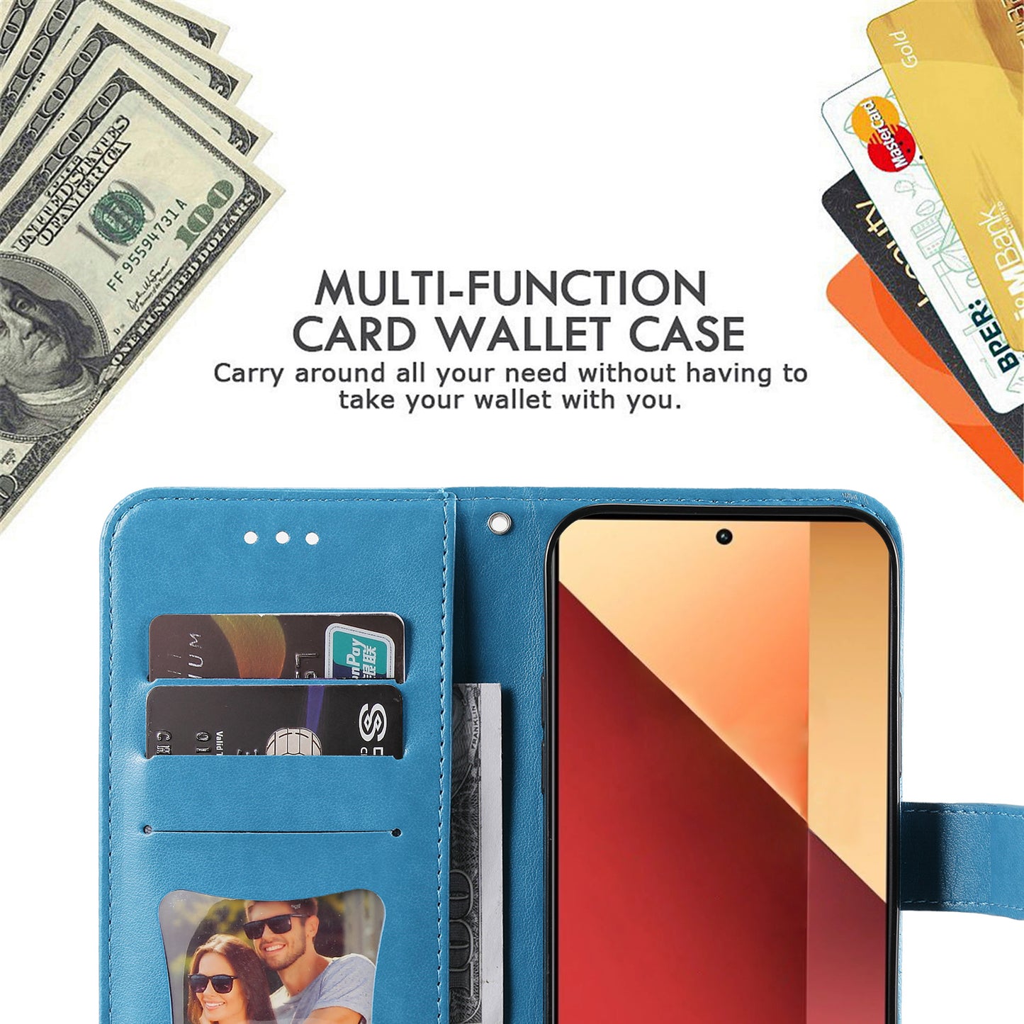 For Xiaomi Redmi Note 13 Pro 4G / Poco M6 Pro 4G Cover PU Leather Flip Stand Phone Case - Blue