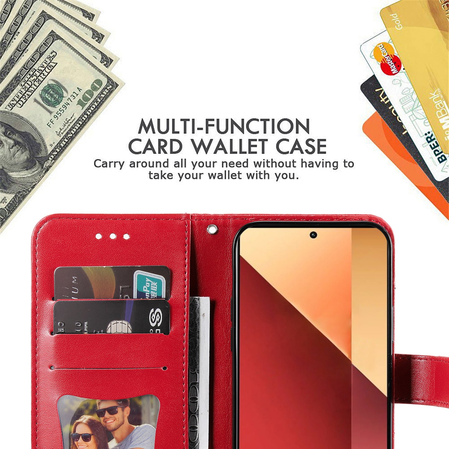 For Xiaomi Redmi Note 13 Pro 4G / Poco M6 Pro 4G Cover PU Leather Flip Stand Phone Case - Red