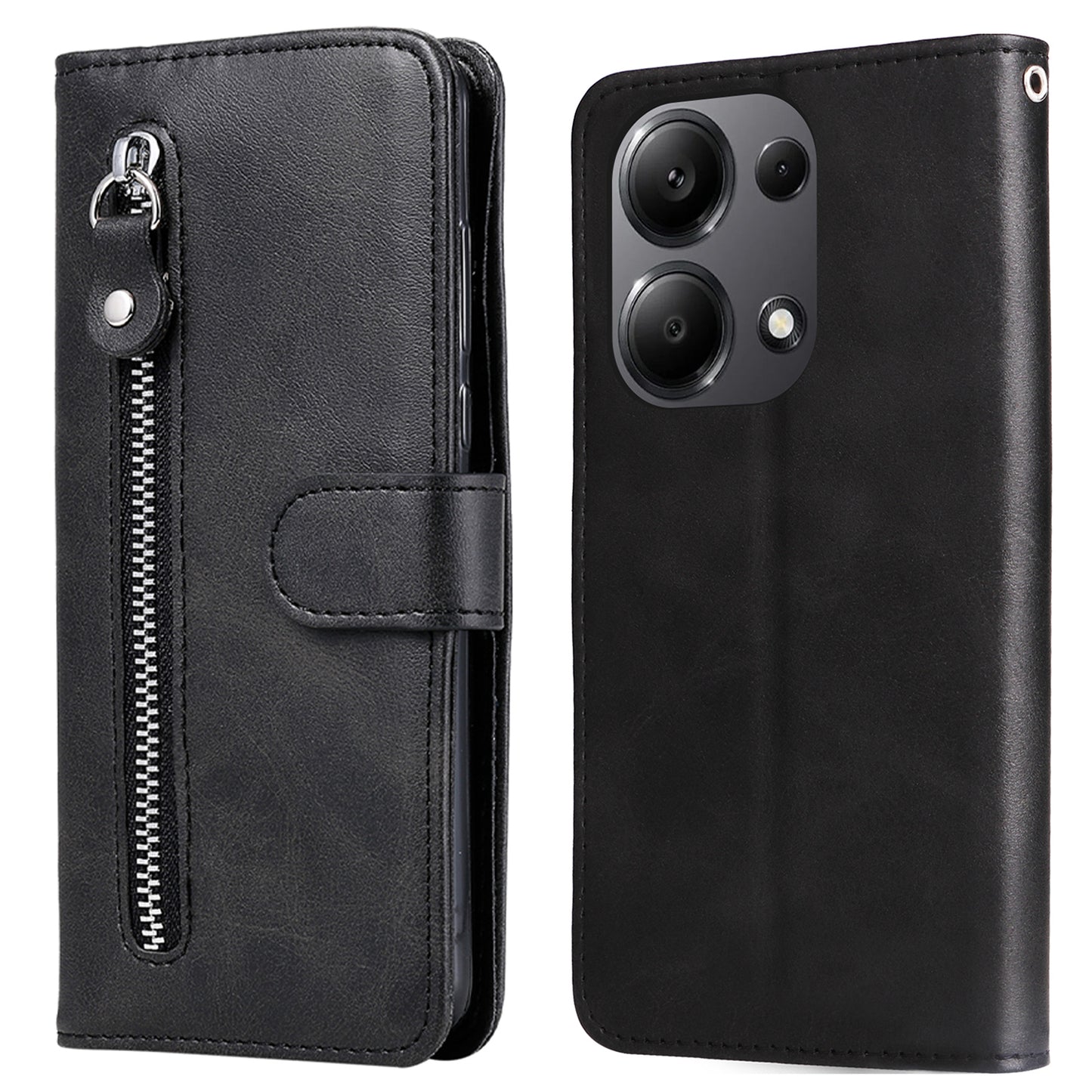 For Xiaomi Redmi Note 13 Pro 4G / Poco M6 Pro 4G Case Leather Anti-drop Cover with Zipper Pocket - Black