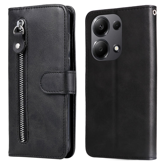 For Xiaomi Redmi Note 13 Pro 4G / Poco M6 Pro 4G Case Leather Anti-drop Cover with Zipper Pocket - Black