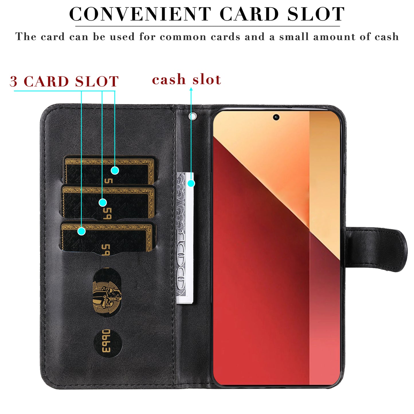 For Xiaomi Redmi Note 13 Pro 4G / Poco M6 Pro 4G Case Leather Anti-drop Cover with Zipper Pocket - Black