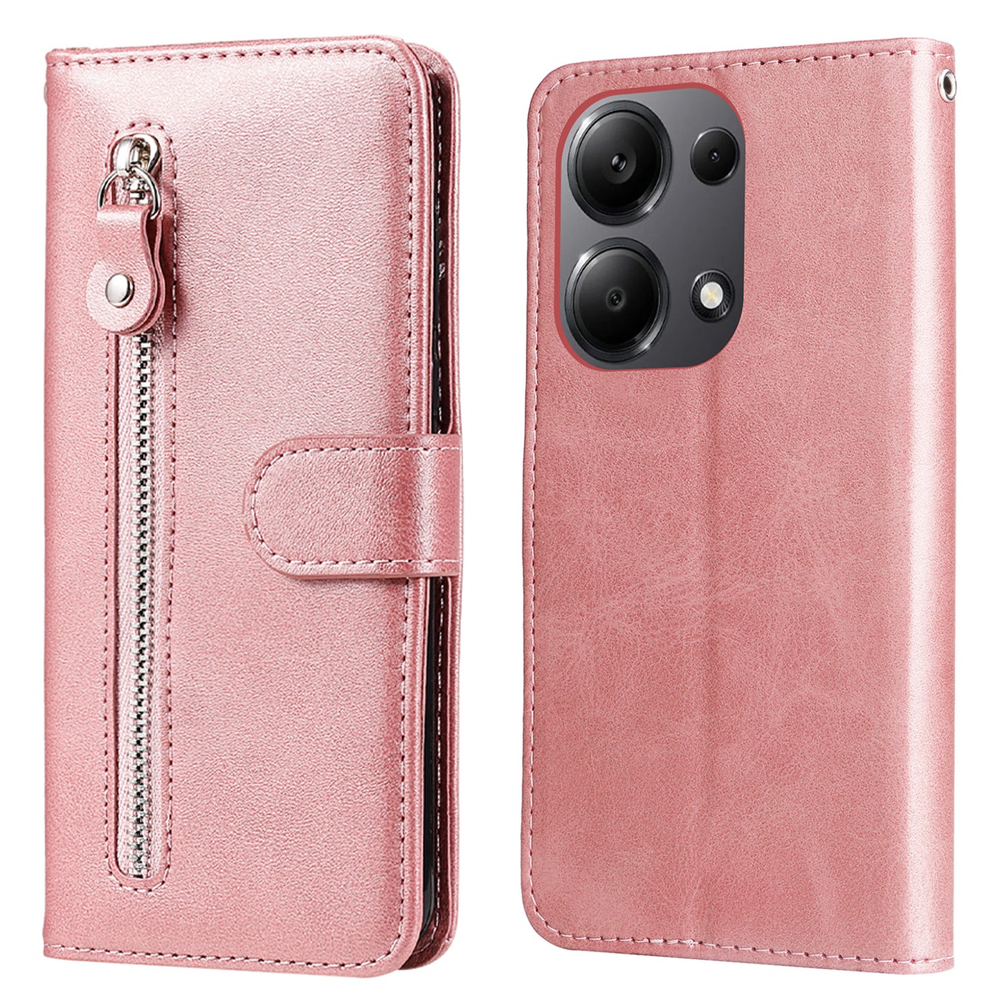For Xiaomi Redmi Note 13 Pro 4G / Poco M6 Pro 4G Case Leather Anti-drop Cover with Zipper Pocket - Pink