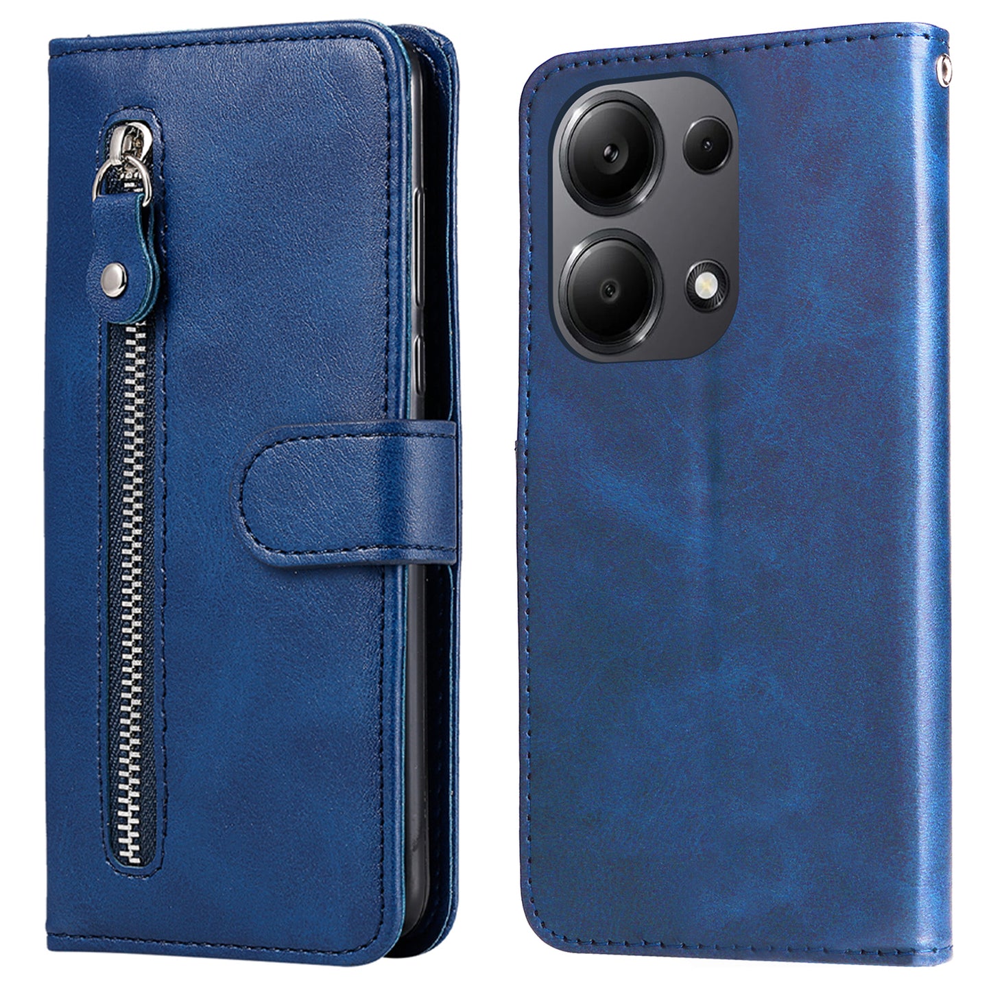 For Xiaomi Redmi Note 13 Pro 4G / Poco M6 Pro 4G Case Leather Anti-drop Cover with Zipper Pocket - Blue