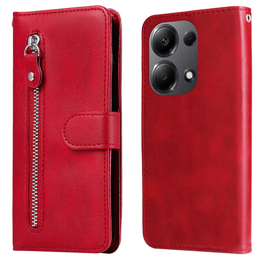 For Xiaomi Redmi Note 13 Pro 4G / Poco M6 Pro 4G Case Leather Anti-drop Cover with Zipper Pocket - Red