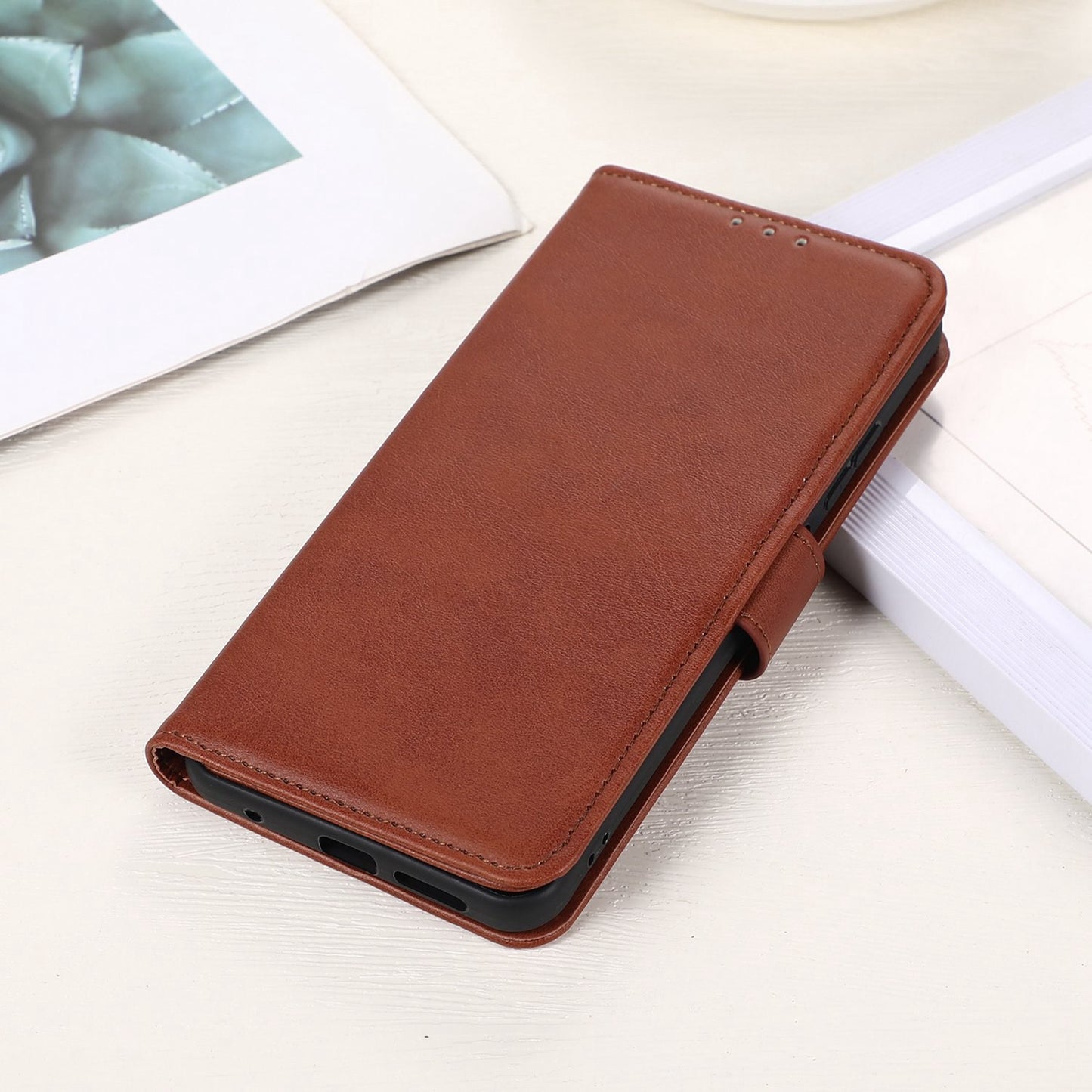 For Xiaomi Redmi Note 13 4G Case PU Leather Folio Stand View Phone Cover - Brown