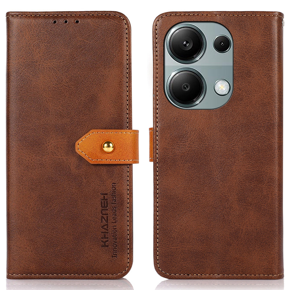 KHAZNEH For Xiaomi Redmi Note 13 4G Leather Case Golden Magnetic Buckle Protective Phone Cover - Brown